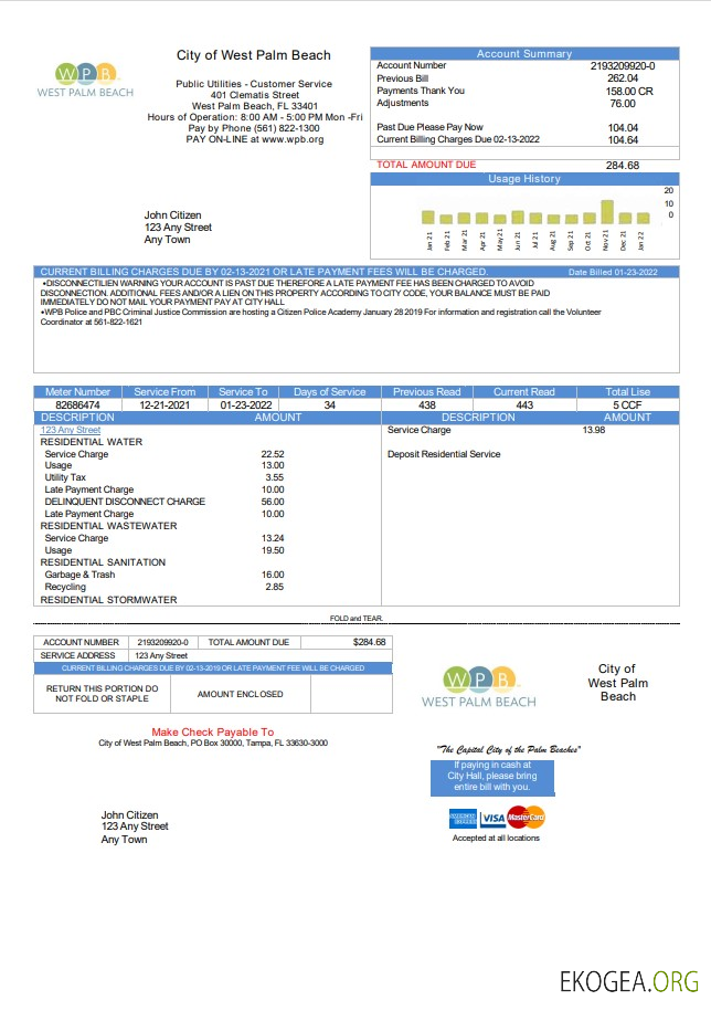 USA Florida City of West Palm Beach utility bill template in Word and PDF format